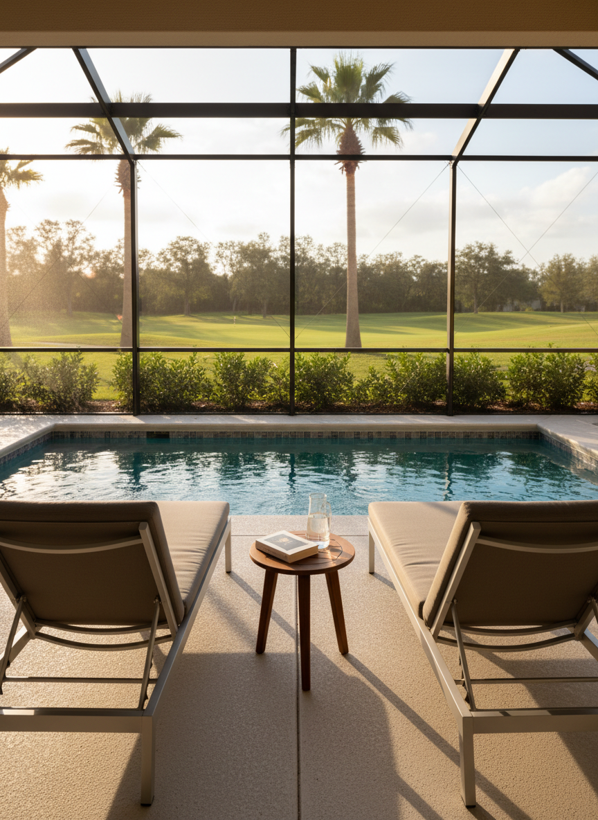 An inviting private screened patio at a luxury townhome near Orlando’s theme parks, featuring a small sparkling plunge pool with pale blue water tiles and a smooth concrete deck. Two sleek, cushioned lounge chairs in neutral taupe face the pool, separated by a compact side table holding a closed book and a glass carafe of water. Beyond the screen, out-of-focus palm trees and a manicured golf course are visible in the distance. Late-afternoon golden light filters through the screen, casting delicate grid shadows across the deck. Photographed in photographic realism from a low, slightly angled perspective to emphasize relaxation and outdoor living. The atmosphere is tranquil, resort-like, and private, highlighting a premium amenity for guests without any human presence.