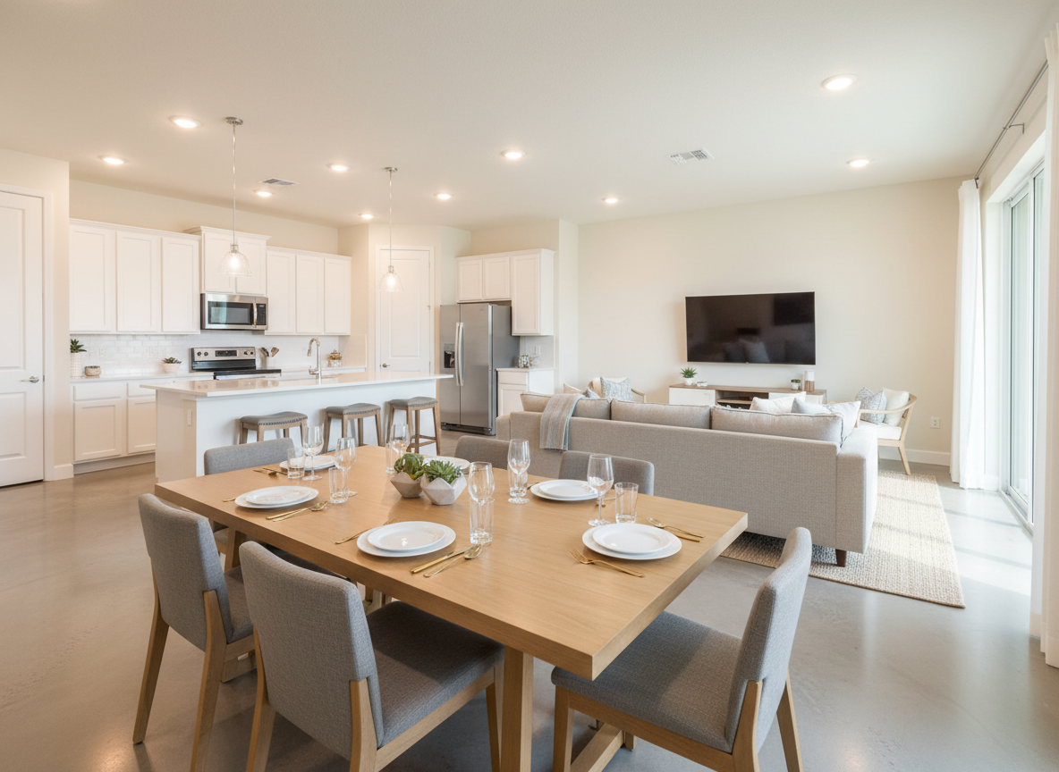 A polished overview shot of a luxury vacation townhome’s open-concept main floor near Disney, seamlessly combining the living room, dining area, and kitchen. The foreground shows a modern wood dining table set with four neatly arranged place settings, while beyond it a cozy living area with a neutral sectional and large TV flows naturally into a bright kitchen with gleaming white cabinetry. Natural daylight pours in from tall sliding doors on the right, enhanced by recessed ceiling lighting, producing a clear, balanced exposure. Captured in photographic realism with a wide lens from a corner vantage point, the composition emphasizes spaciousness, clean lines, and thoughtful layout ideal for families and groups. The mood is professional, airy, and welcoming, embodying an upscale yet practical Florida getaway, with no people in view.