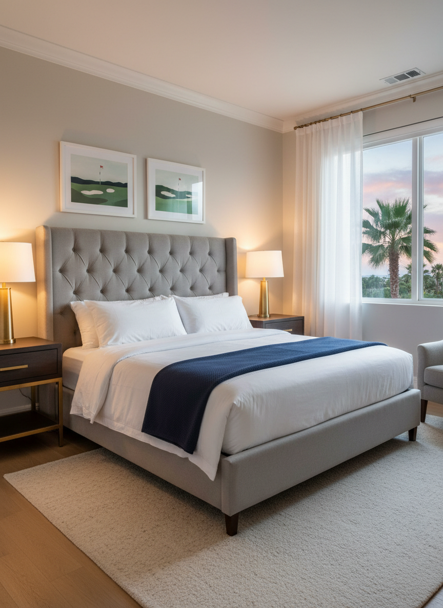 A serene primary bedroom in a luxury Orlando vacation townhome, centered on a king-size bed with a tall upholstered headboard in soft dove gray, layered with crisp white linens and a neatly folded navy throw. Matching nightstands hold modern brass lamps with warm diffused light, complementing subtle wall art that hints at nearby golf courses through minimalist illustrations. A large window with sheer curtains reveals a glimpse of palm trees and a pastel sunset sky. Captured in photographic realism from a slightly elevated corner angle, with natural light mixing gently with interior lighting for a calm, restful atmosphere. The composition uses the rule of thirds to highlight the bed and spacious layout, conveying relaxation and high-end hotel-level comfort, with no people present.