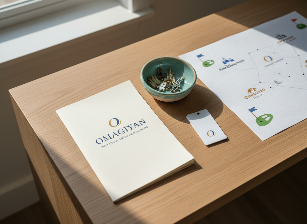 A detailed amenities flat-lay on a smooth, light-wood console table within a luxury Orlando townhome, showcasing carefully curated guest items. A folded welcome booklet labeled “Omagiyan | Near Disney, Universal & Legoland” lies beside two keycards, a small bowl of assorted theme-park-inspired enamel pins, and a minimalist map highlighting major Orlando attractions and nearby golf courses. Soft, indirect daylight from a nearby window illuminates the arrangement, creating gentle shadows and subtle texture on the paper and wood grain. Shot from a bird’s-eye view in photographic realism, with shallow depth of field subtly blurring the map’s edges while keeping the branding sharp. The mood is organized, professional, and anticipatory, visually communicating attention to detail and the property’s strategic location, with no human elements present.
