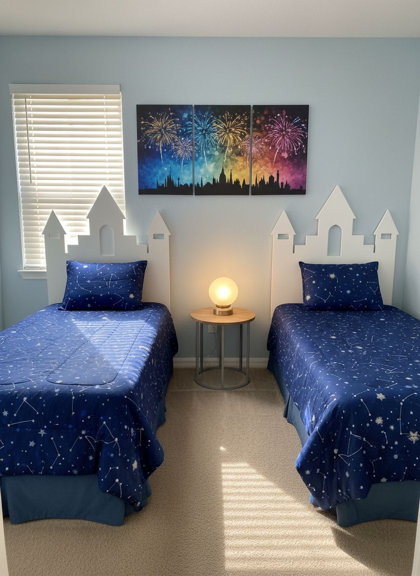 A bright, family-friendly themed bedroom in a vacation townhome near Disney, featuring two twin beds with matching deep-blue comforters patterned with subtle stars and constellations, and custom headboards shaped like simple castle silhouettes in matte white wood. Between the beds, a small nightstand holds a glowing bedside lamp with a frosted globe shade. The opposite wall displays tasteful framed artwork inspired by fireworks over a theme park skyline, rendered abstractly. Sunlight streams through white blinds, creating playful streaks across the carpet. Photographed at eye level in photographic realism, with a slightly wide lens to emphasize space and practicality. The mood is fun yet sophisticated, suggesting a magical stay for families visiting nearby parks, while maintaining a clean, professional aesthetic and avoiding any human figures.